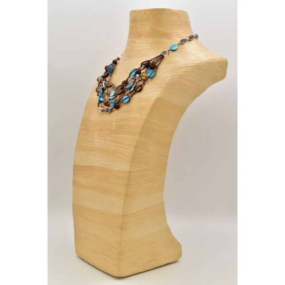 Brighton Blue Shell Beaded Collar Necklace Silver Crystal Wood Layered BinBJ